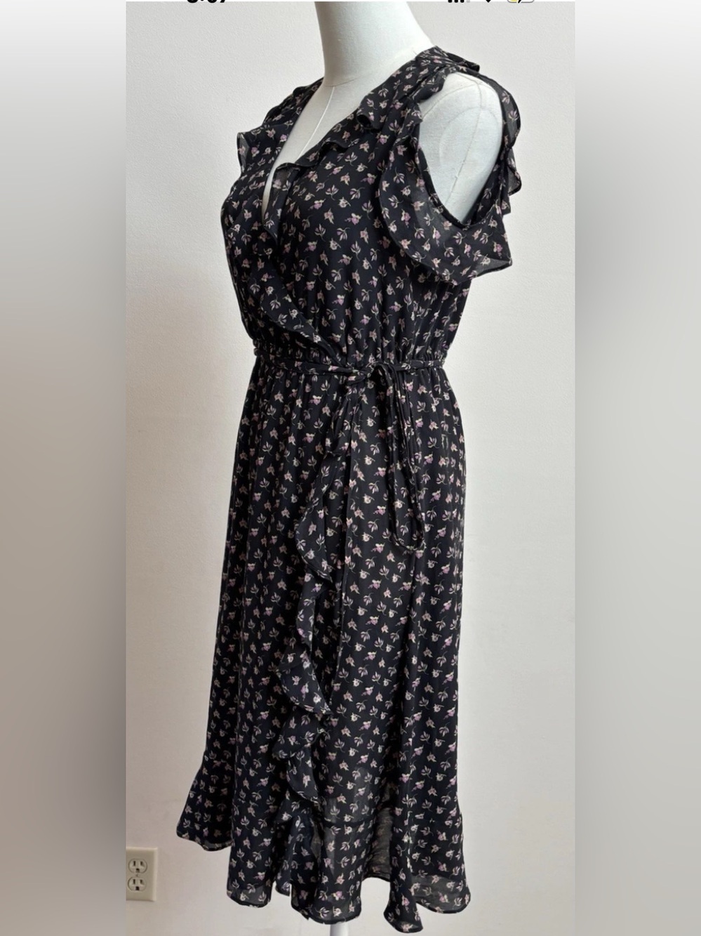 LOFT Petite Black Floral Wrap Midi Dress Autumn Wedding Guest Ruffle SP - Picture 3 of 8